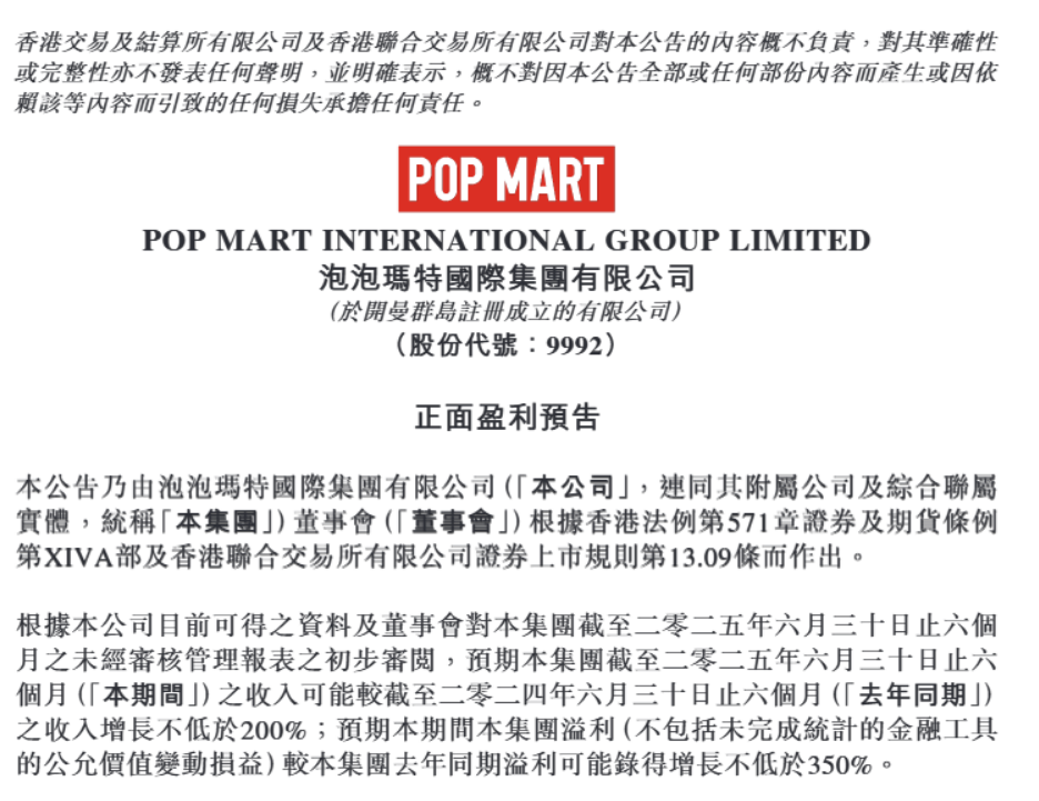 炸裂！泡泡玛特预计上半年溢利增长或不低于350%！今年股价累计涨幅已达19479%(图1)